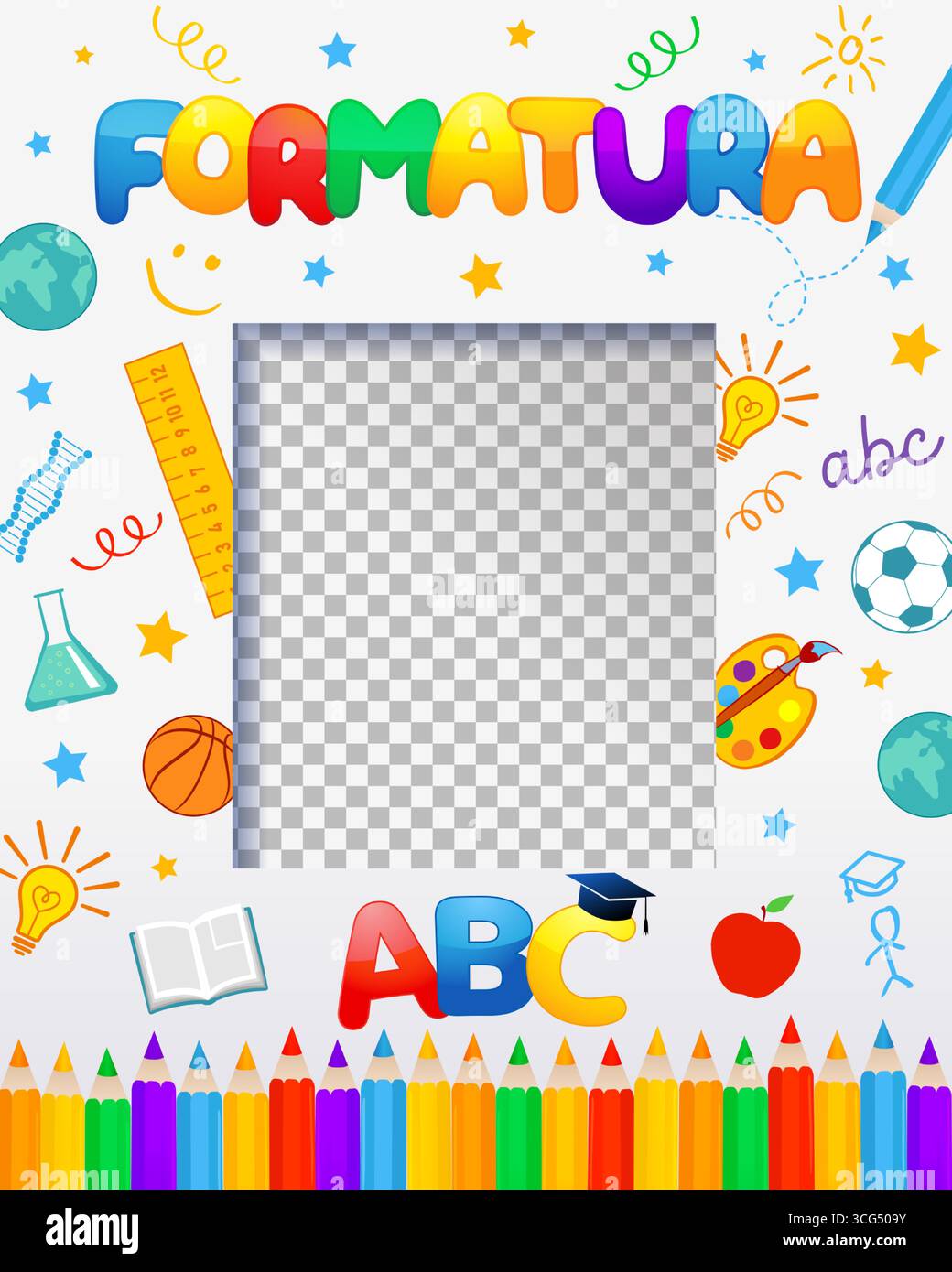 Formazione, ABC - design della cornice per selfie di ritorno a scuola. Traduzione - laurea. Concetto del primo giorno di scuola per asili o asili Illustrazione Vettoriale