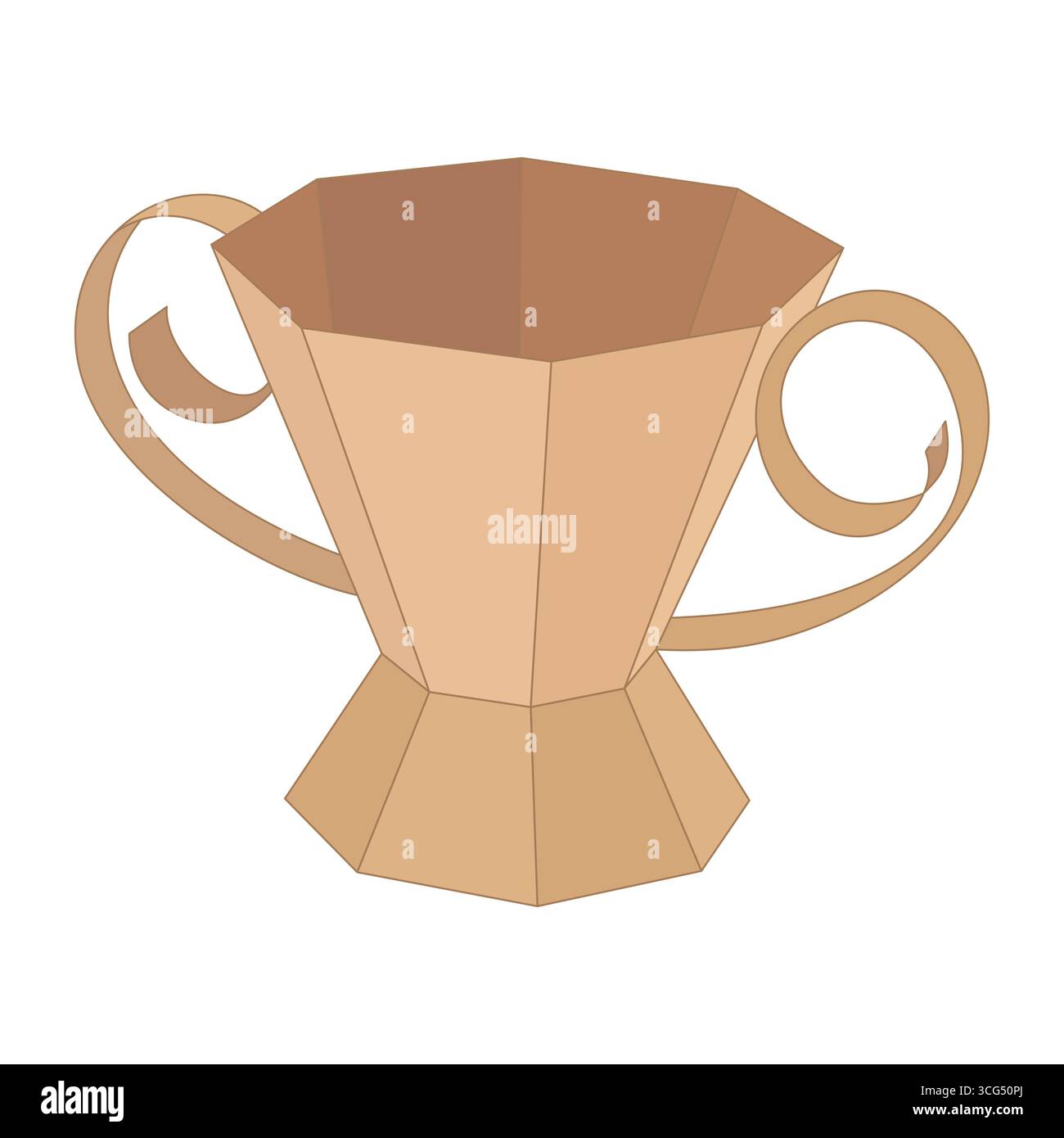 Illustrazione Golden Trophy Cup. Una coppa di trofei dorata con eleganti manici curvi e sfaccettature geometriche che simboleggiano la vittoria, la conquista e il successo. Illustrazione Vettoriale