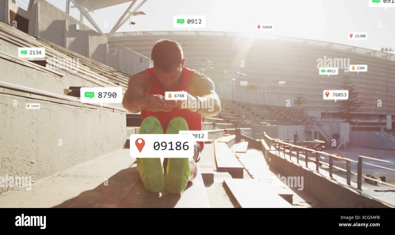 Stendendo l'uomo in una vasca rossa che si avvicina ai piedi delle gradinate dello stadio, con icone di misurazione fluttuanti Foto Stock