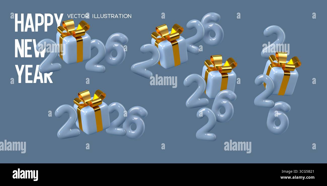 Set di numeri per l'anno nuovo 2026 con confezione regalo. Illustrazione Vettoriale