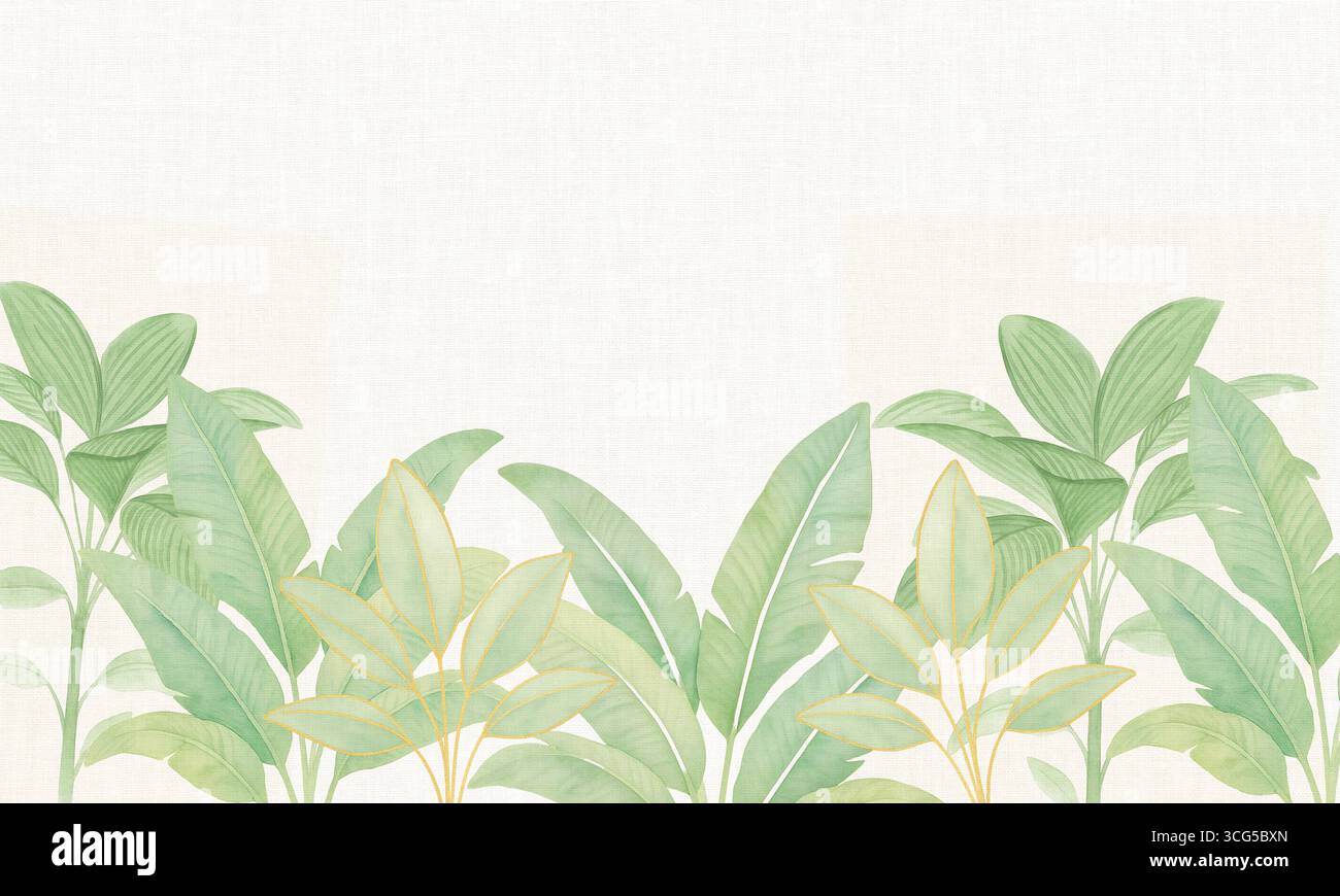 Le palme tropicali lasciano l'acquerello sullo sfondo delle pareti della giungla Foto Stock