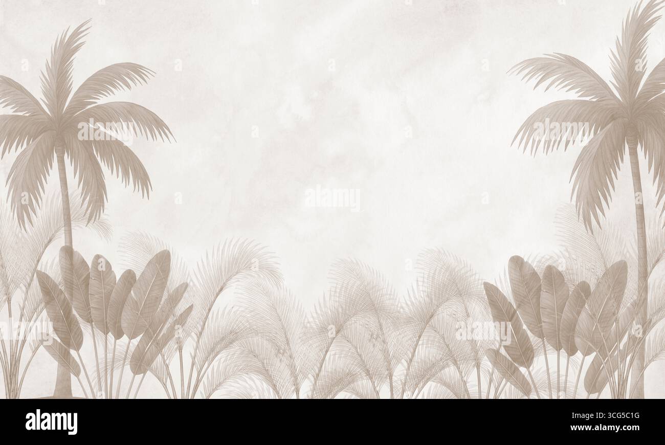 Le palme tropicali lasciano l'acquerello sullo sfondo delle pareti della giungla Foto Stock