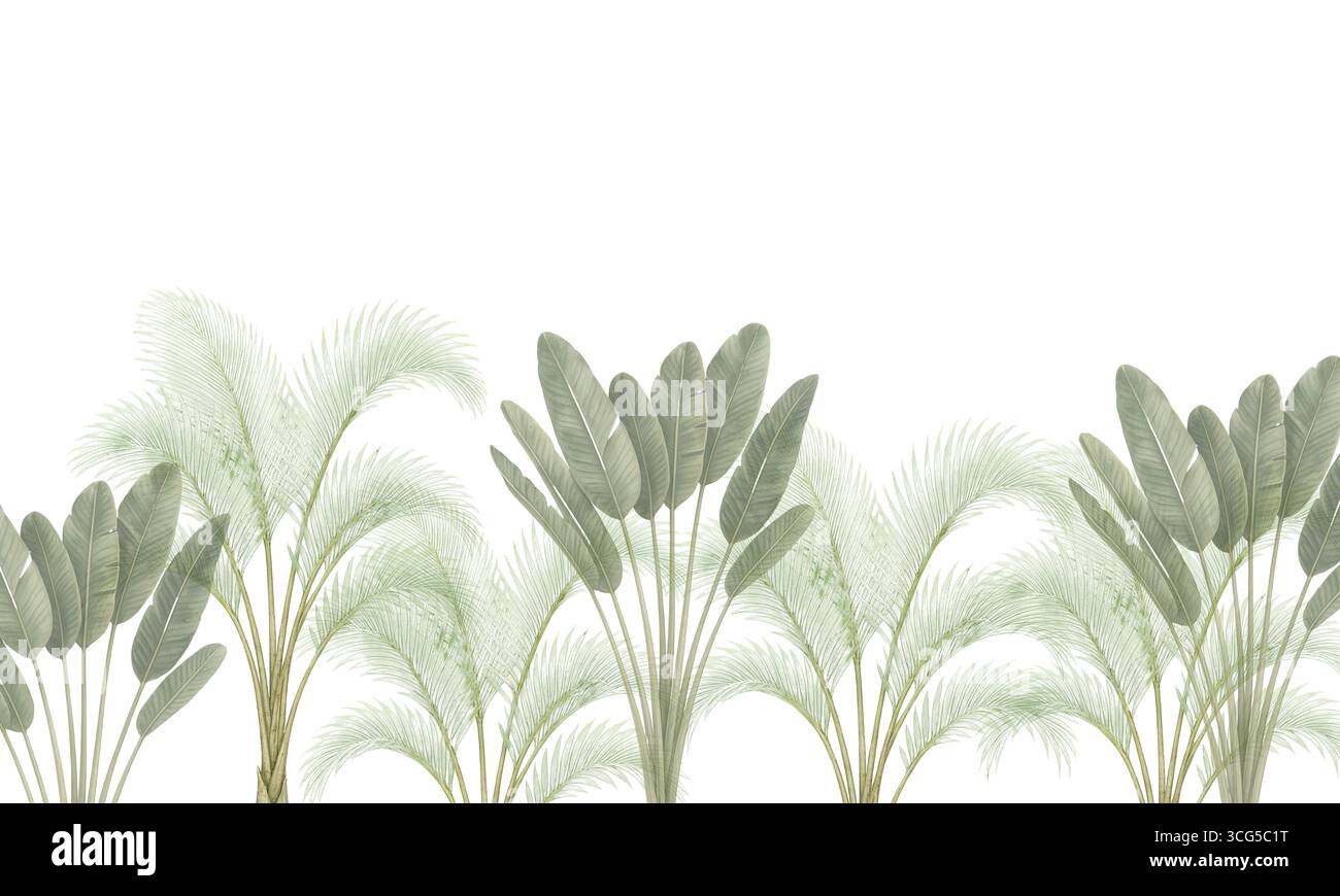 Le palme tropicali lasciano l'acquerello sullo sfondo delle pareti della giungla Foto Stock