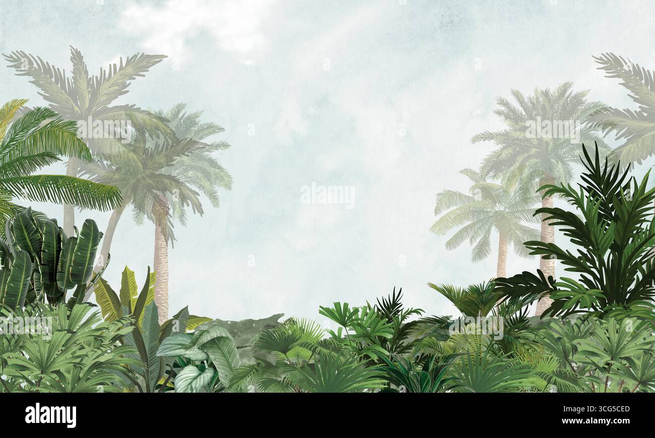 Le palme tropicali lasciano l'acquerello sullo sfondo delle pareti della giungla Foto Stock