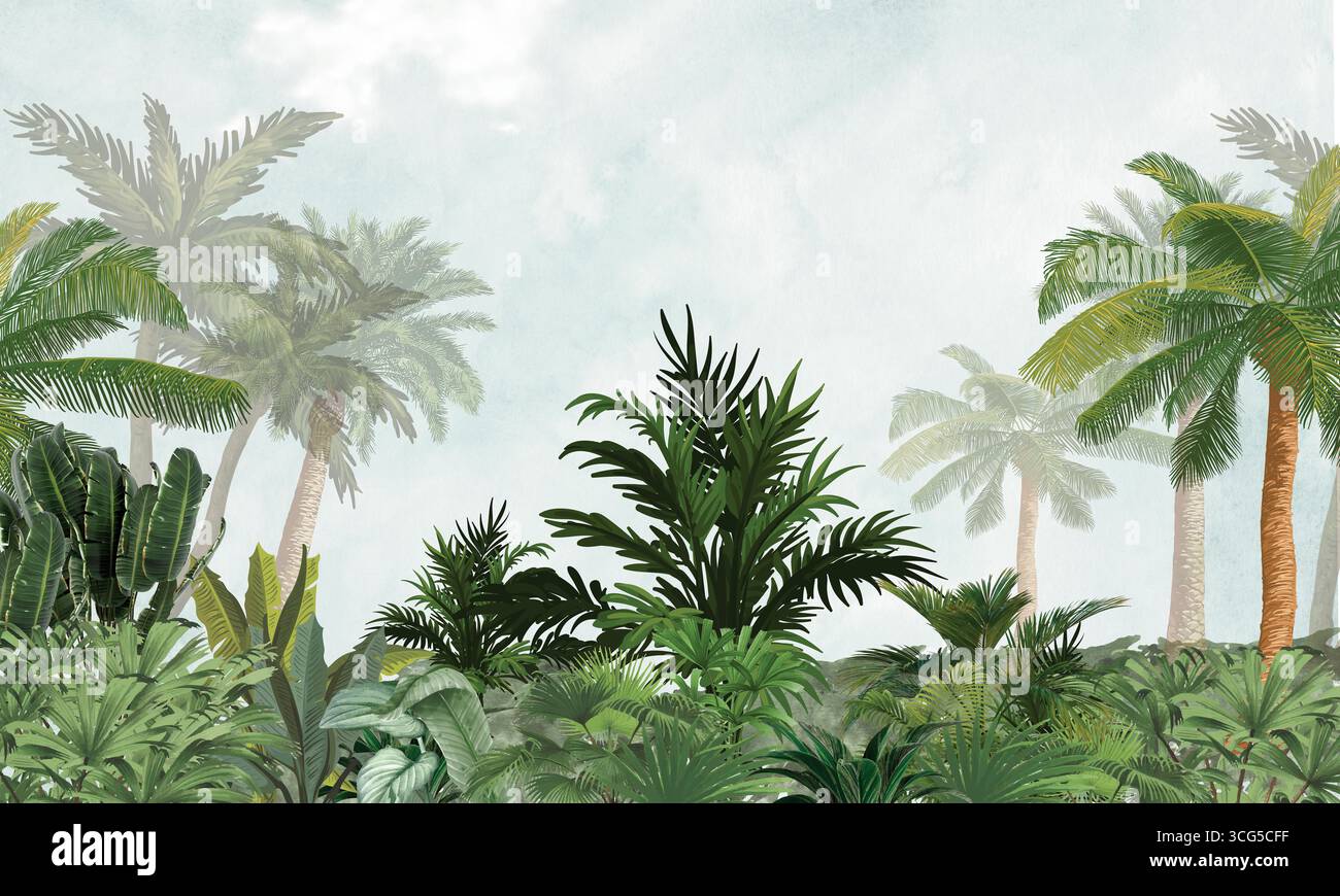 Le palme tropicali lasciano l'acquerello sullo sfondo delle pareti della giungla Foto Stock