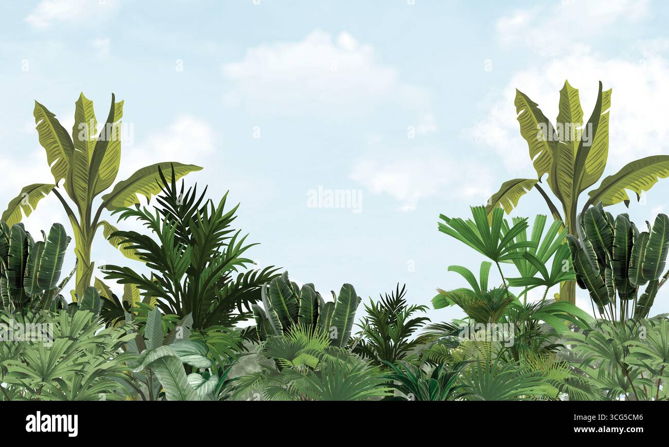 Le palme tropicali lasciano l'acquerello sullo sfondo delle pareti della giungla Foto Stock