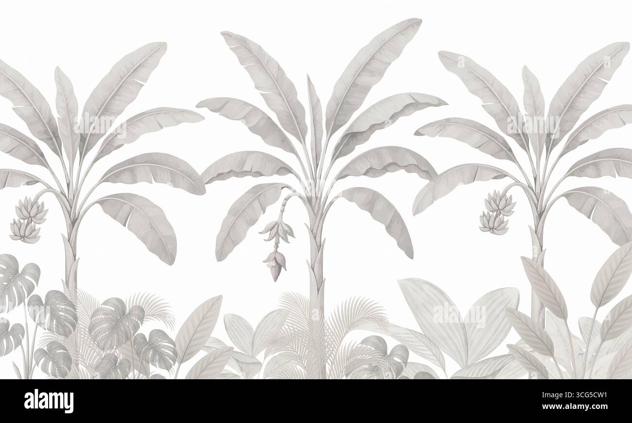 Le palme tropicali lasciano l'acquerello sullo sfondo delle pareti della giungla Foto Stock