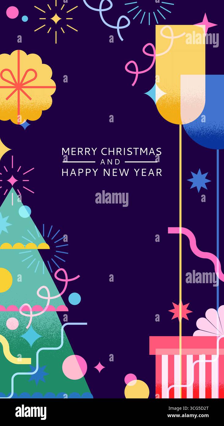 Striscione verticale Vector per festività natalizie con albero di Natale, regali, bicchieri da champagne. Elementi di design per inviti alla festa, biglietti di auguri, social Illustrazione Vettoriale