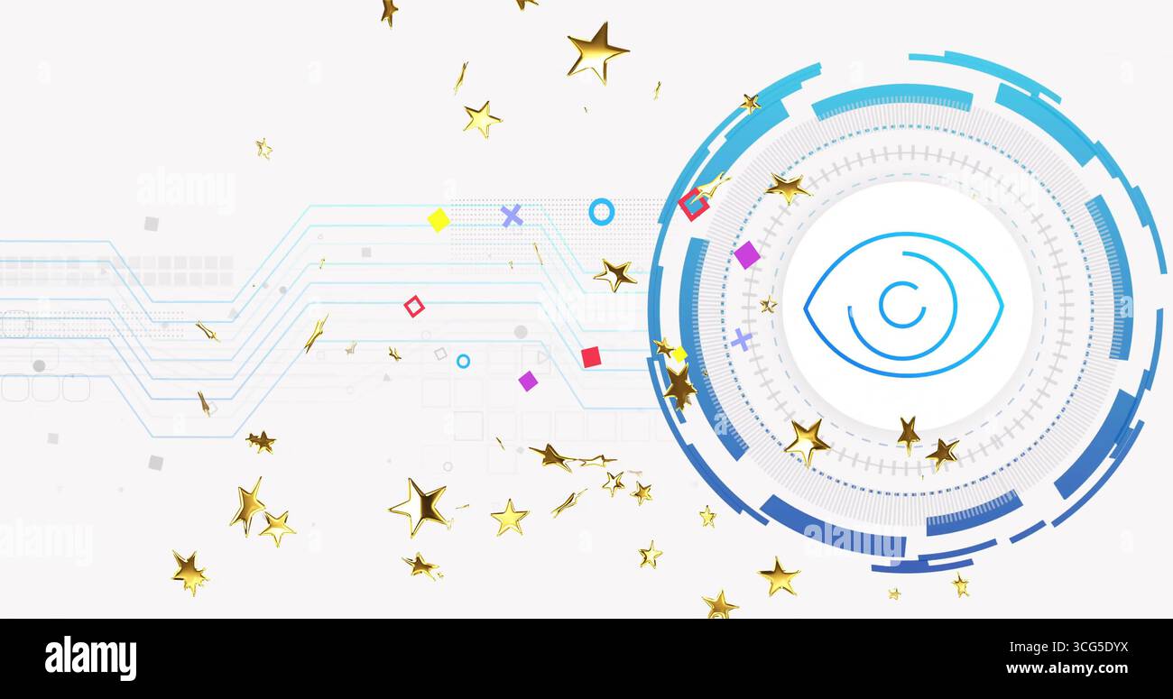 Mostra l'interfaccia con l'icona a forma di occhio blu sulla tela destra, con stelle dorate, linee di circuito, spazio di copia Foto Stock