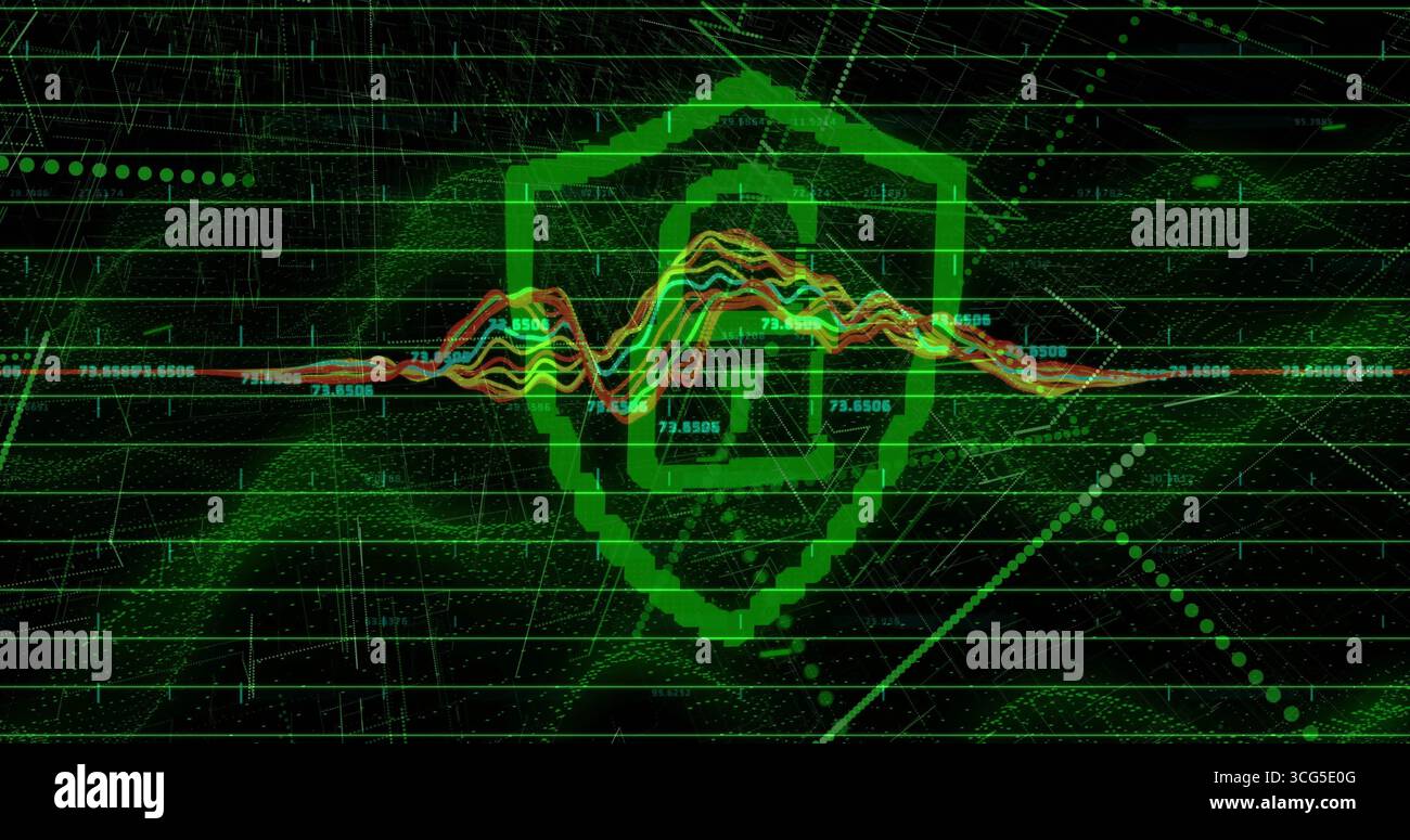 Proiezione dell'icona di schermatura verde che mostra il simbolo del lucchetto e la forma d'onda nella griglia, con numeri e nodi Foto Stock