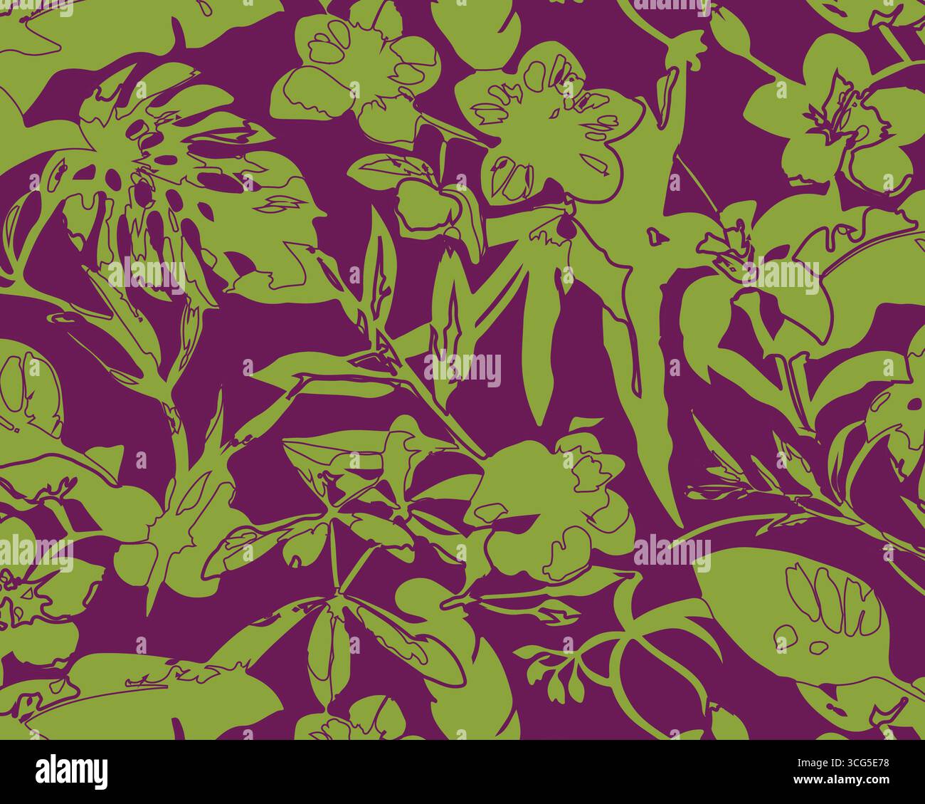 Sfondo Botanical Tropical Sketch con palme e foglie di Monstera in stile line art. Illustrazione vettoriale disegnata a mano. Tropical Seamless S Illustrazione Vettoriale