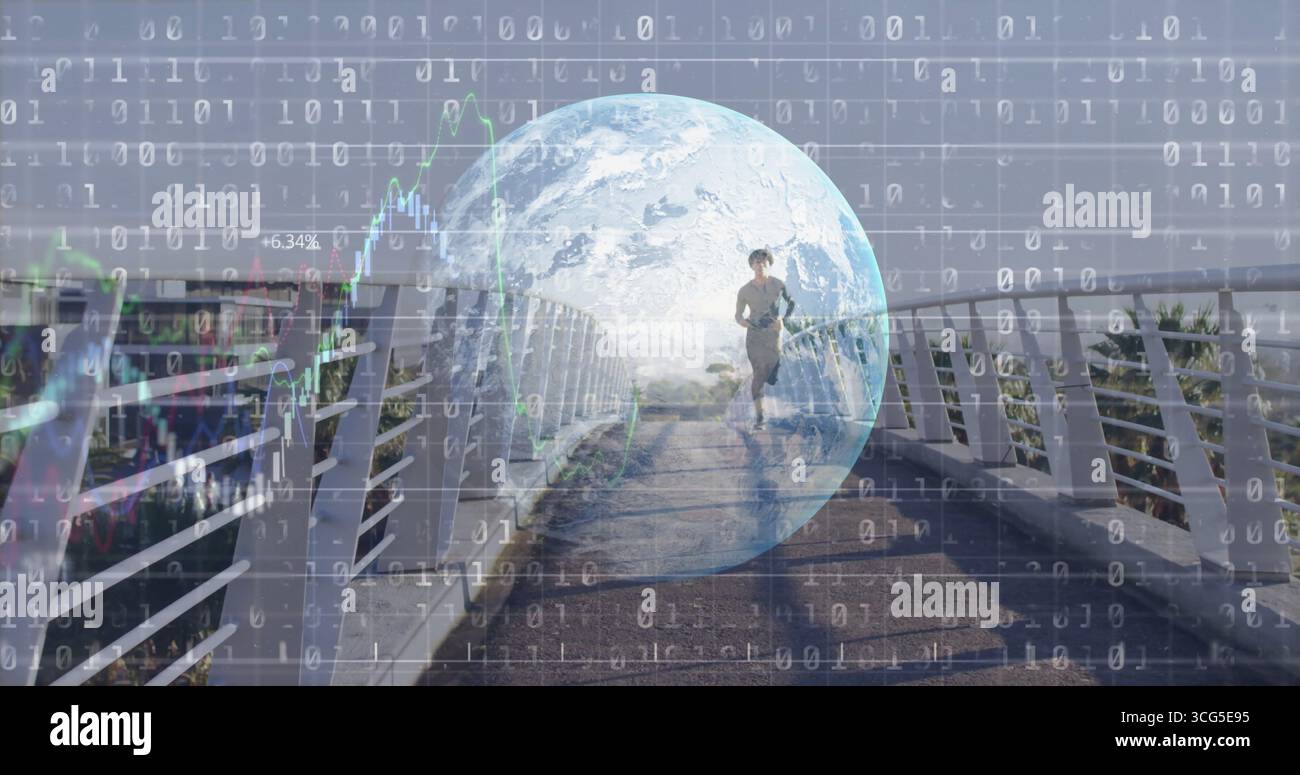 Jogger da running in leggings grigi sulla passerella, con ringhiere bianche, globo, codice binario, linee cartografiche Foto Stock