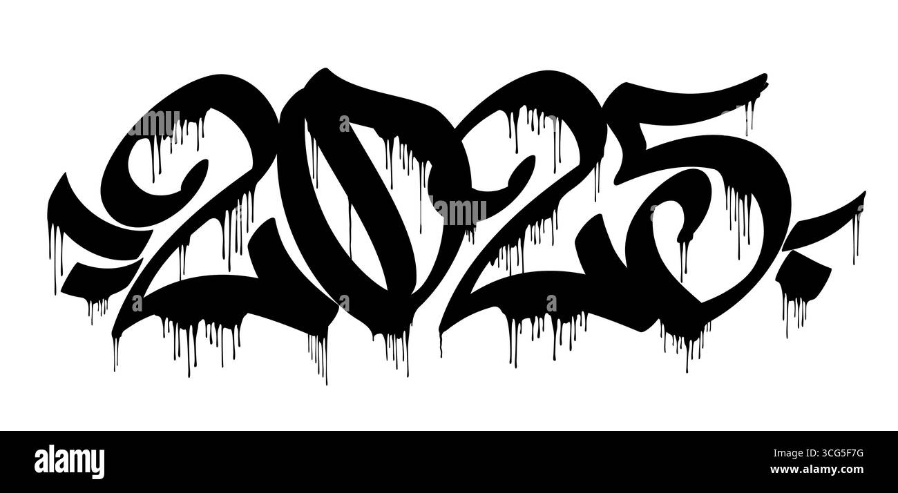 striscione vettoriale da 2025 in stile graffiti isolato su bianco. Elemento di design per l'anno nuovo. Illustrazione Vettoriale