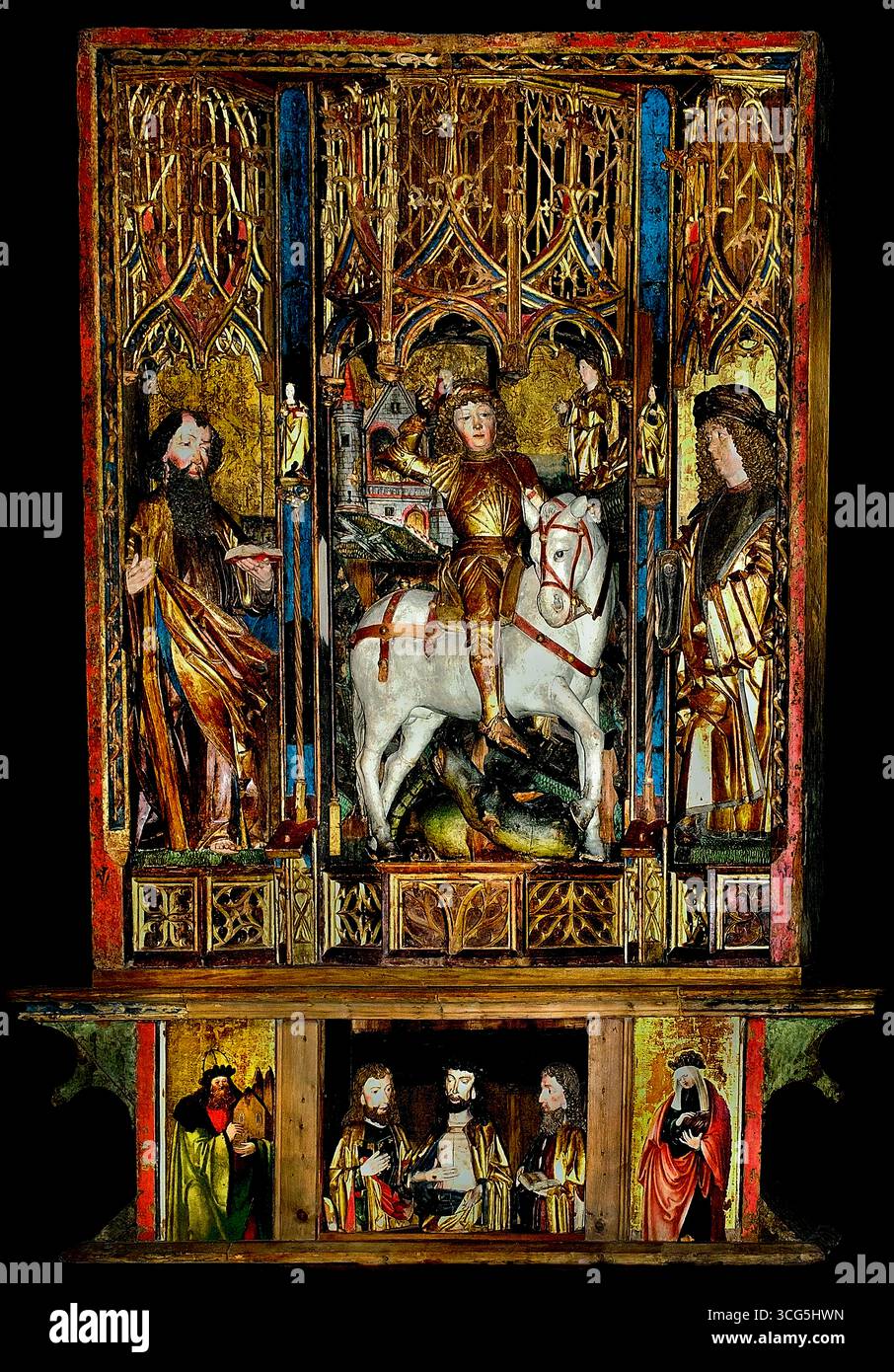 Pala d'altare di San Giorgio 1480-1490 Brunico (alto Adige) Chiesa Sankt George an der Ahr Italia Museo italiano di Lille Francia.( soldato nell'esercito romano. Di origine greca della Cappadocia, divenne membro della Guardia pretoriana per l'imperatore romano Diocleziano, ma fu condannato a morte per essersi rifiutato di ritrattare la sua fede cristiana.) Foto Stock