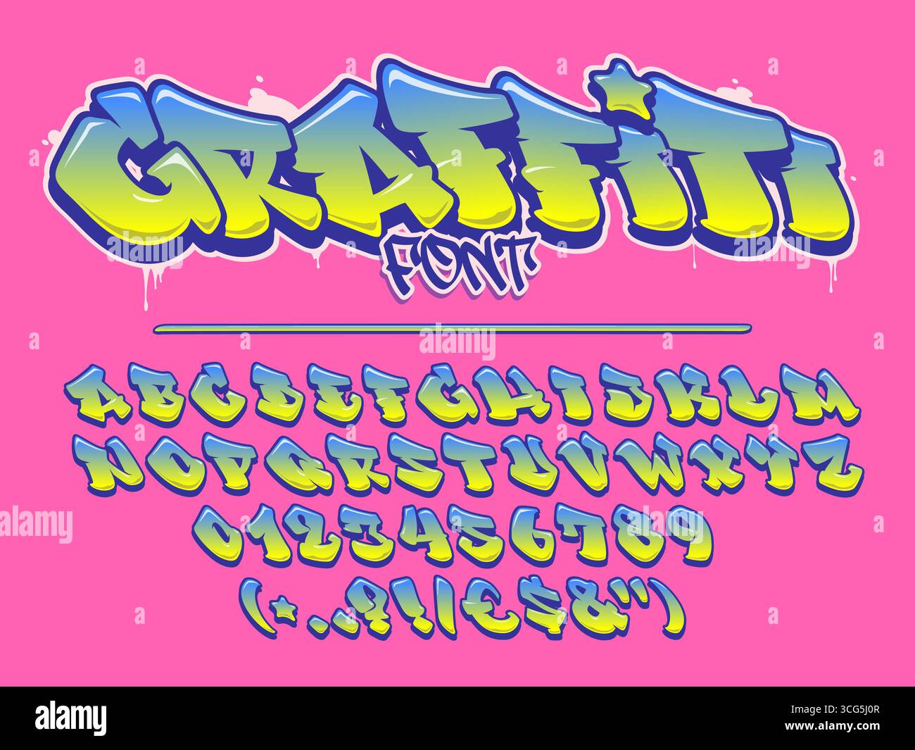 Caratteri vettoriali lime e blu graffiti. Lettere maiuscole, numeri e lettere maiuscole. Colori completamente personalizzabili. Illustrazione Vettoriale