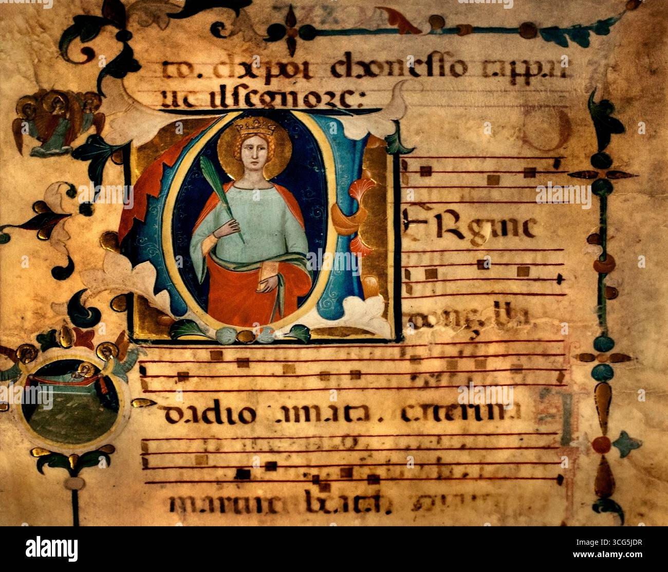 Santa Caterina d'Alessandria e scene della sua vita Pacino di Sant'Agnese di Pacino di Bonaguida Firenze 1355 - 1340 Italia ( Pacino di Bonaguida è stato un pittore fiorentino attivo durante il periodo gotico italiano dal 1300 al 1340 circa, conducendo una prolifica bottega che ha prodotto molti manoscritti miniati, pale d'altare e pannelli devozionali ). Foto Stock