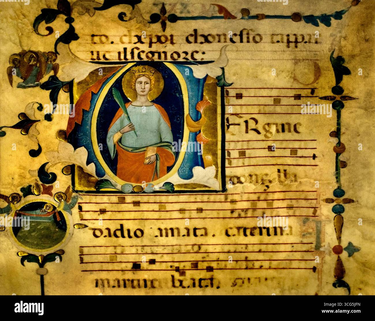 Santa Caterina d'Alessandria e scene della sua vita Pacino di Sant'Agnese di Pacino di Bonaguida Firenze 1355 - 1340 Italia ( Pacino di Bonaguida è stato un pittore fiorentino attivo durante il periodo gotico italiano dal 1300 al 1340 circa, conducendo una prolifica bottega che ha prodotto molti manoscritti miniati, pale d'altare e pannelli devozionali ). Foto Stock