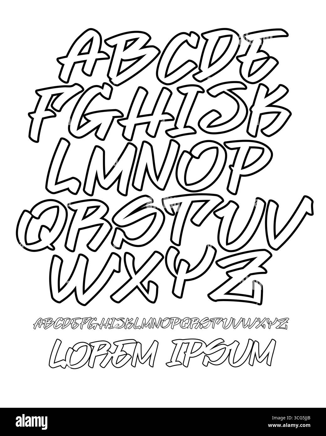 Font vettoriale in stile graffiti leggibile a mano. Effetto pennello o pennello. Lettere maiuscole alfabetiche. Contorno nero isolato Illustrazione Vettoriale