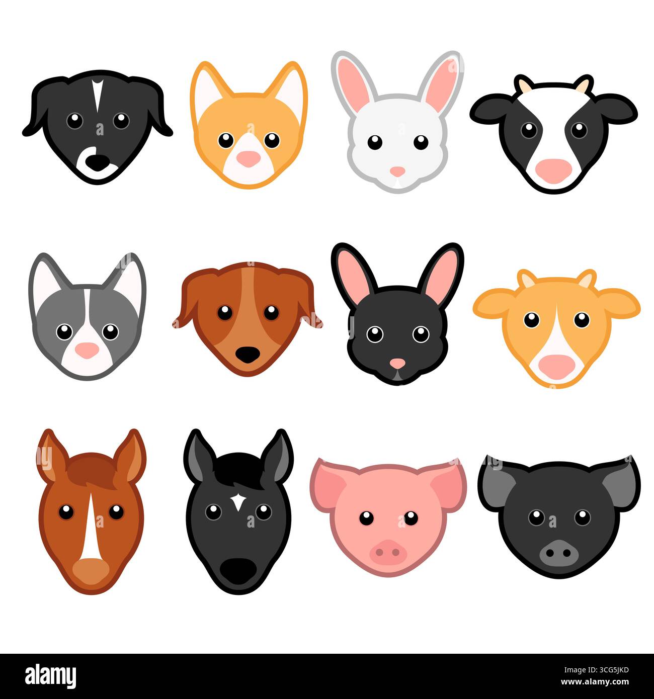 Kawaii carino set illustrativo di animali domestici della fattoria. Cani da cartoni animati, gatti, conigli, mucche, cavalli e maiali. Illustrazione Vettoriale