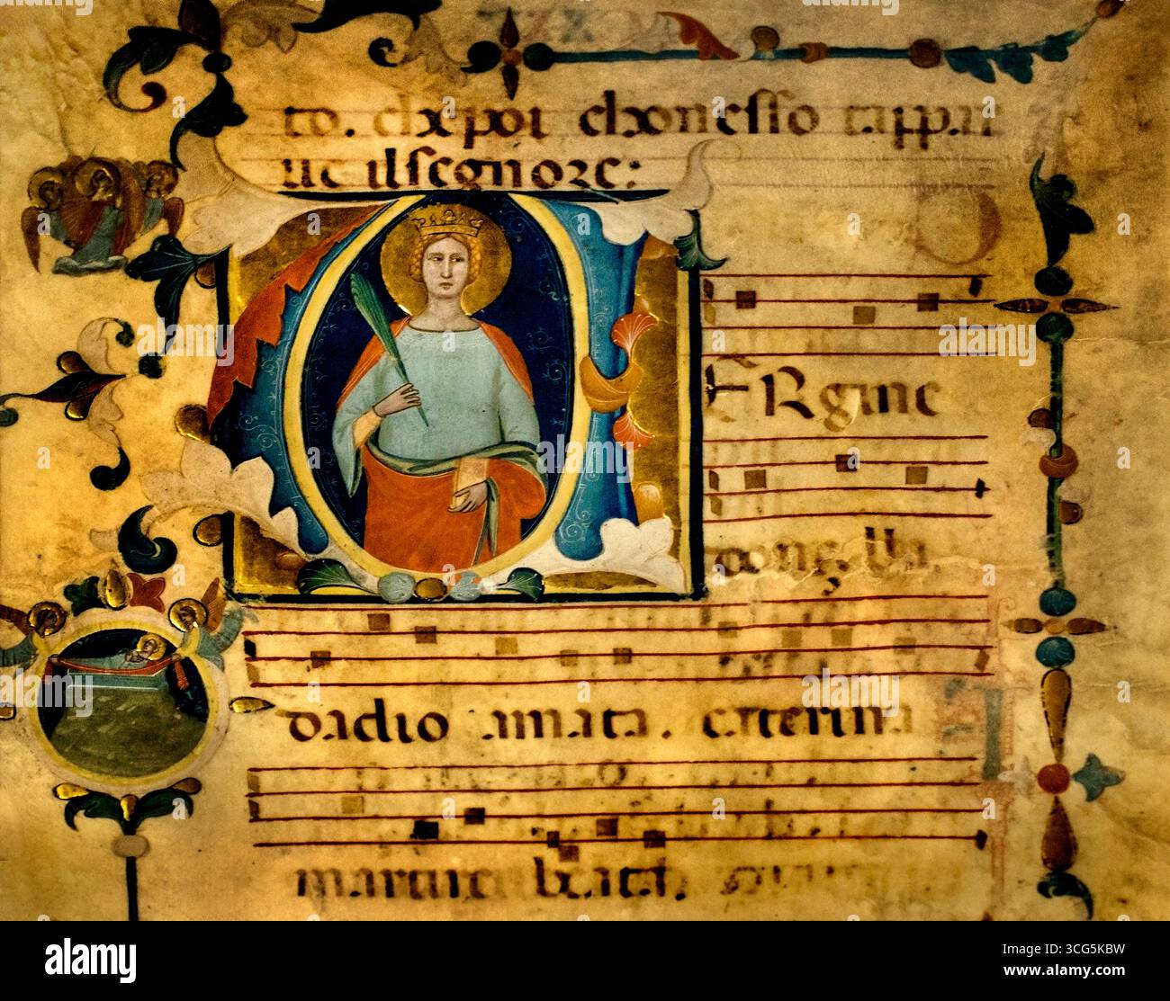 Santa Caterina d'Alessandria e scene della sua vita Pacino di Sant'Agnese di Pacino di Bonaguida Firenze 1355 - 1340 Italia ( Pacino di Bonaguida è stato un pittore fiorentino attivo durante il periodo gotico italiano dal 1300 al 1340 circa, conducendo una prolifica bottega che ha prodotto molti manoscritti miniati, pale d'altare e pannelli devozionali ). Foto Stock