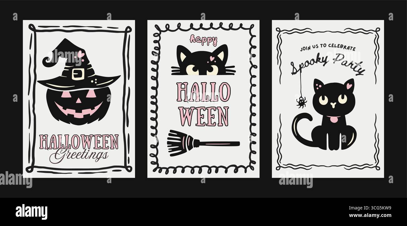 Set di poster di Halloween rosa retrò, stravagante Doodle Coquette, carino vettore di carte con cappello di strega, scopa e zucca Illustrazione Vettoriale