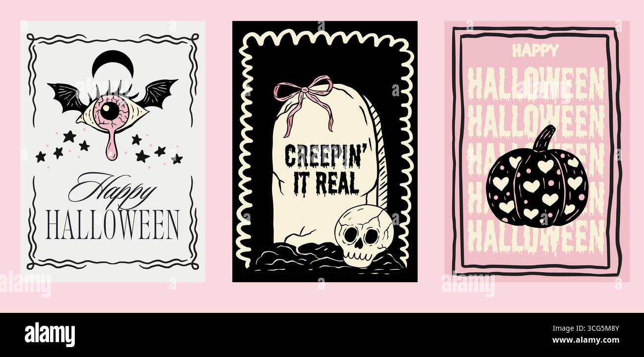 Set di poster di Halloween rosa retrò stravagante Doodle Coquette carino vettore di carte con Monster Eye Eyeball grave Pumpkin Skull Collection Illustrazione Vettoriale