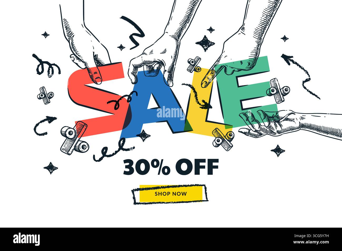 Lettere vivaci, che formano LA VENDITA di parole in mani umane. Illustrazione del collage dello schizzo disegnato a mano vettoriale. Modello di progettazione per banner pubblicitari promozionali, di Illustrazione Vettoriale