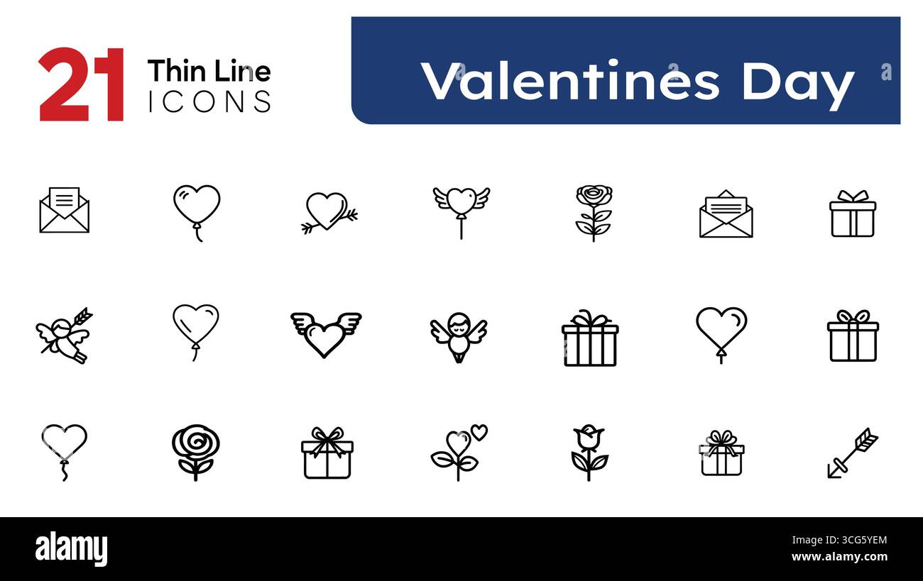 Set di icone di San Valentino in linea sottile – 21 simboli vettoriali editabili di amore, cuori, romanticismo, regali, celebrazione Illustrazione Vettoriale