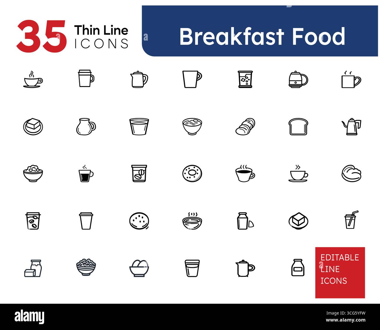 Set di icone della linea sottile per colazione e cibo mattutino - 35 simboli vettoriali modificabili di uova, caffè, pane tostato, cereali Illustrazione Vettoriale