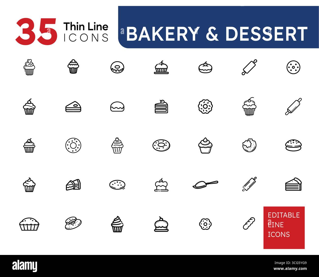 Set di icone della linea sottile di prodotti da forno e dessert - 35 simboli vettoriali modificabili di torte, pane, pasticcini, ciambelle Illustrazione Vettoriale