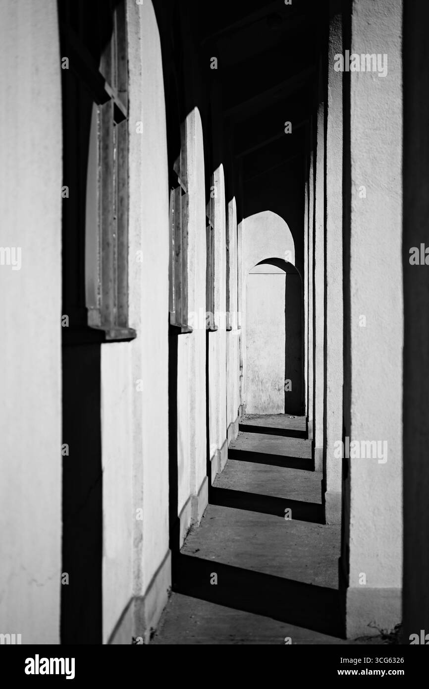 Belle arti in bianco e nero lungo corridoio ad arco prospettiva. La luce solare e le ombre ad alto contrasto creano uno sfondo ipnotico astratto in verticale Foto Stock