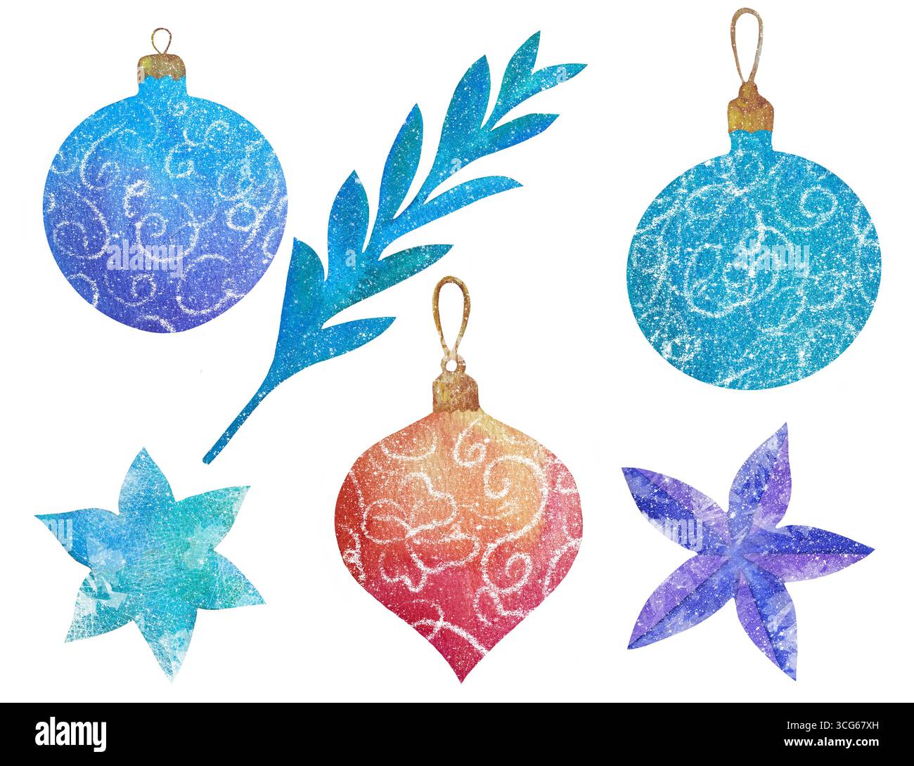 Set natalizio, clip art di elementi isolati arco, palle di Natale, stelle, ramo. Illustrazione fatta a mano con acquerello Foto Stock