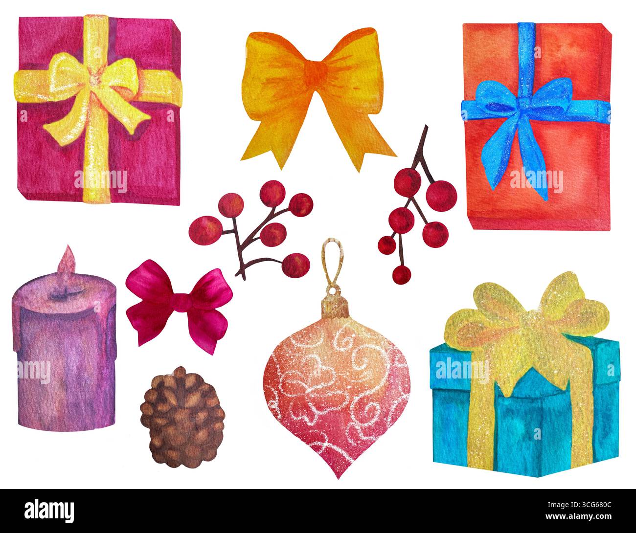 Set natalizio, clip art di elementi isolati fiocco rosso, frutti di bosco, palla di Natale, regali. Illustrazione fatta a mano con acquerello Foto Stock