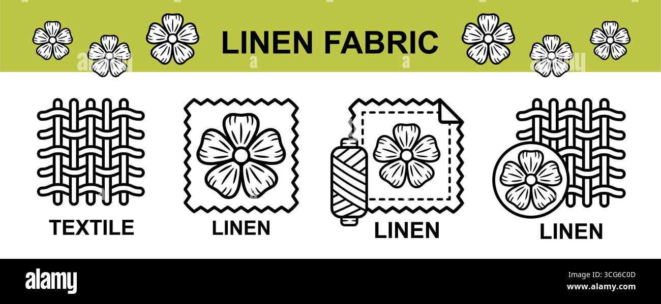 Tessuto di lino lino lino tessuto per cucire indumenti. Fibra di cotone. Filati. Tessuto naturale per piante floreali. Icona etichetta indumenti su misura Illustrazione Vettoriale
