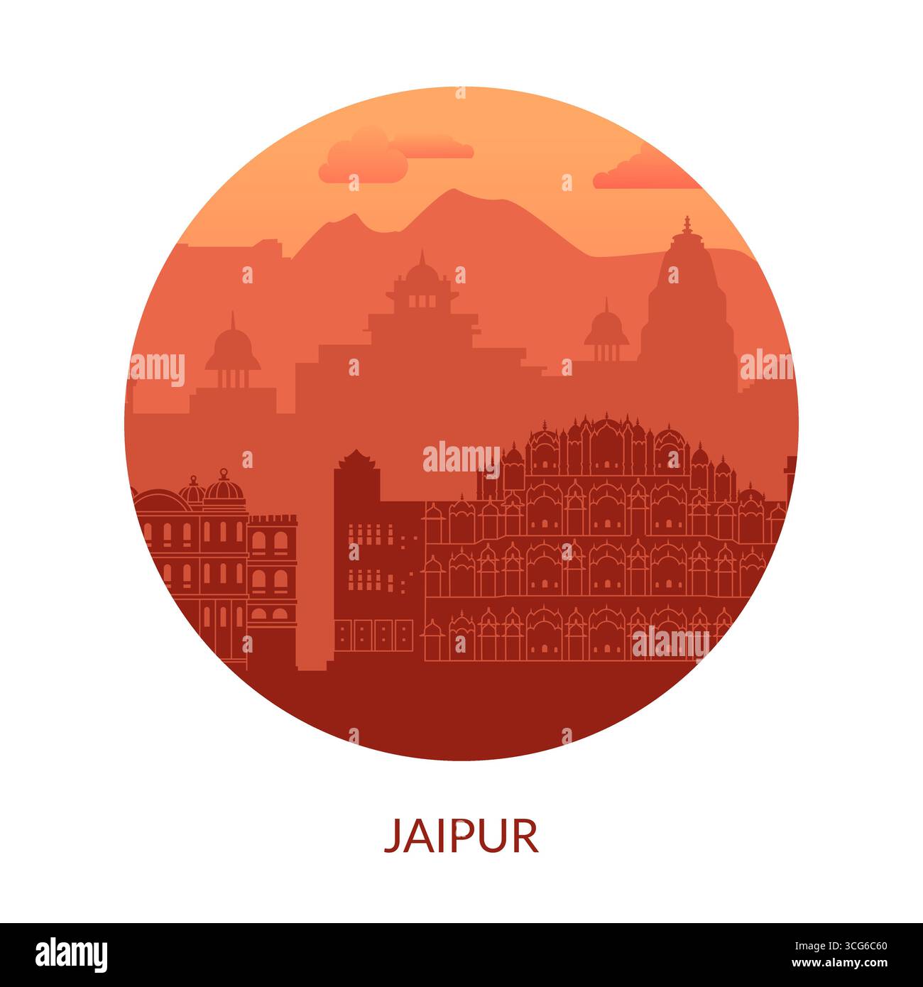 Una silhouette incredibilmente bella che raffigura l'iconico paesaggio della città di Jaipur in India Illustrazione Vettoriale