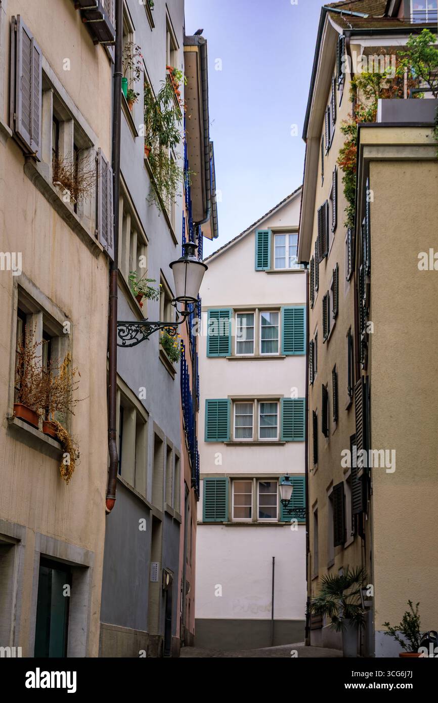 Una strada acciottolata nella storica città vecchia, fiancheggiata da edifici classici, architettura tradizionale, persiane in legno Altstadt, Zurigo, Svizzera Foto Stock