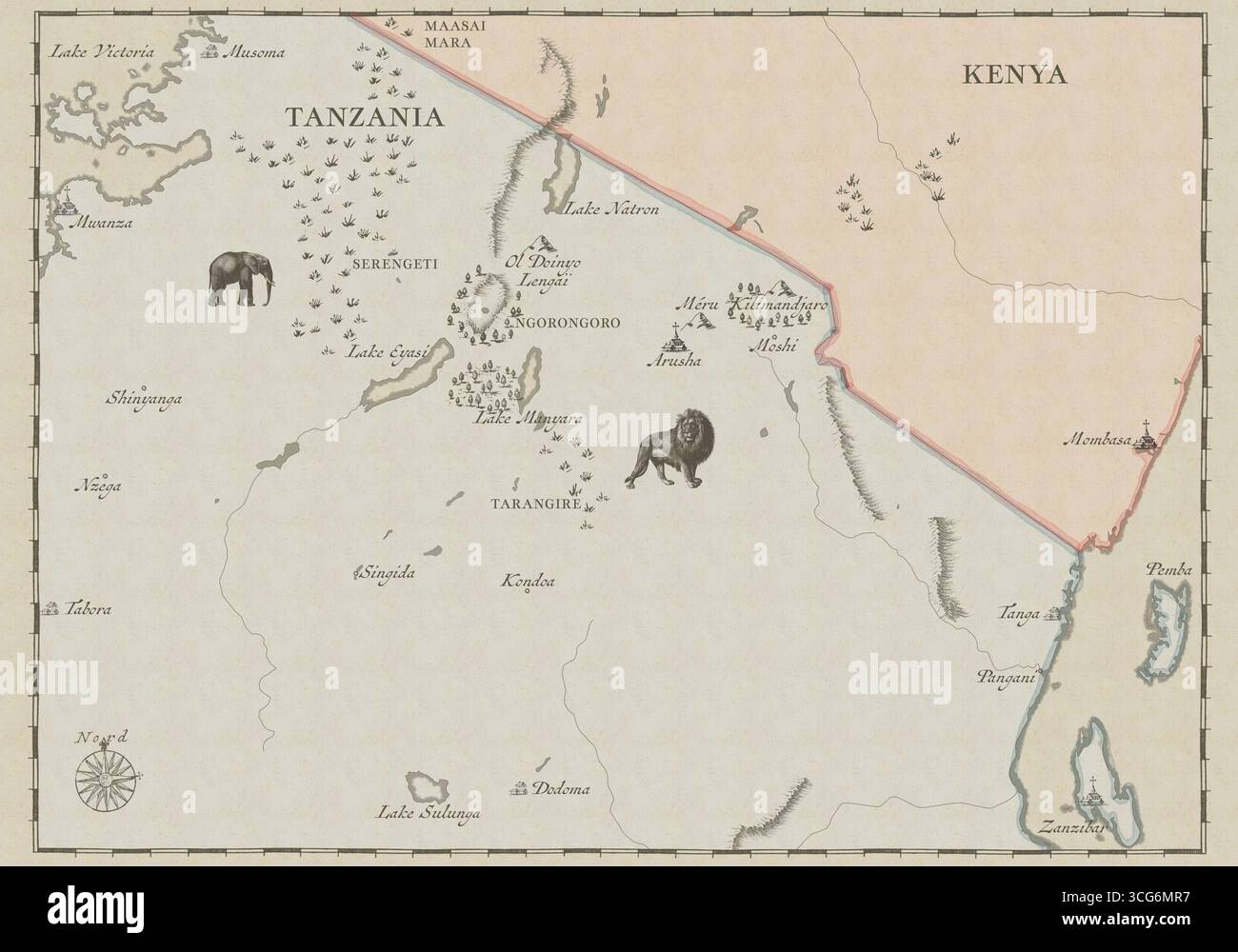 La mappa d'ispirazione vintage mette in evidenza Serengeti, Ngorongoro, il lago Victoria e il confine con il Kenya, con arte di leoni ed elefanti che denotano aree ricche di fauna selvatica. Foto Stock
