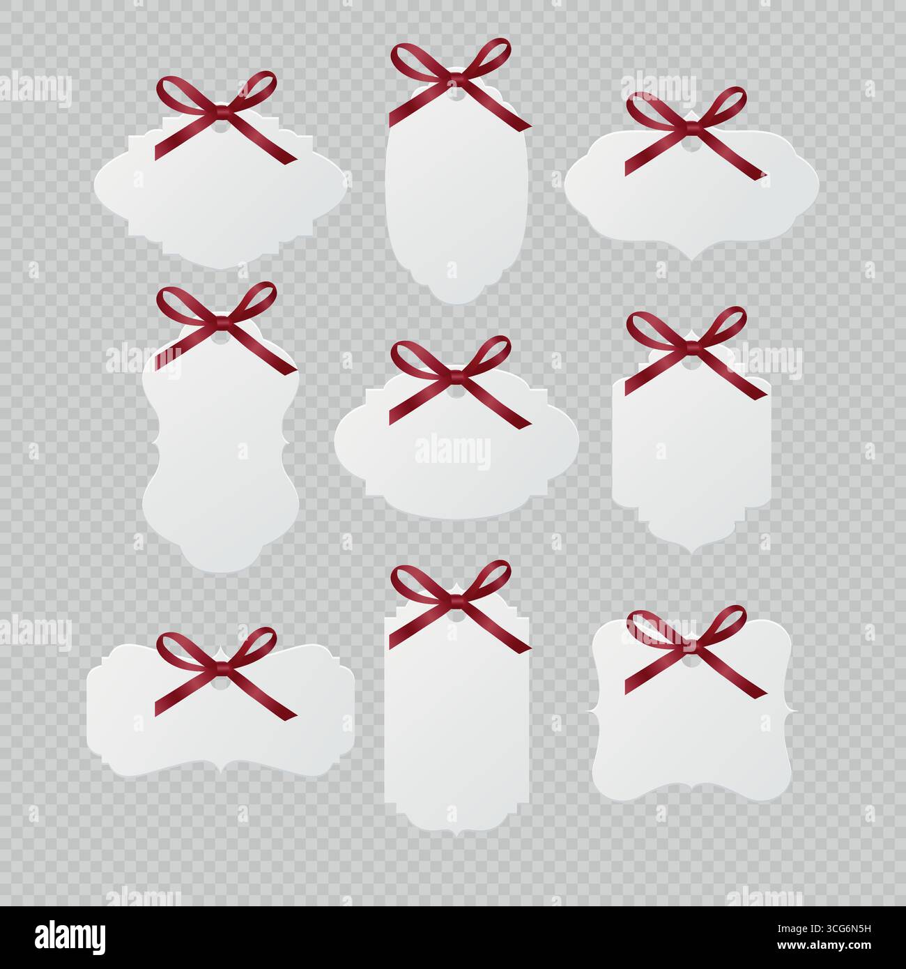 Etichette di carta vintage vuote con set Vector decorativo con fiocco in seta rossa. Illustrazione modelli adesivi vuoti. Icone delle etichette bianche. Etichetta isolata Illustrazione Vettoriale