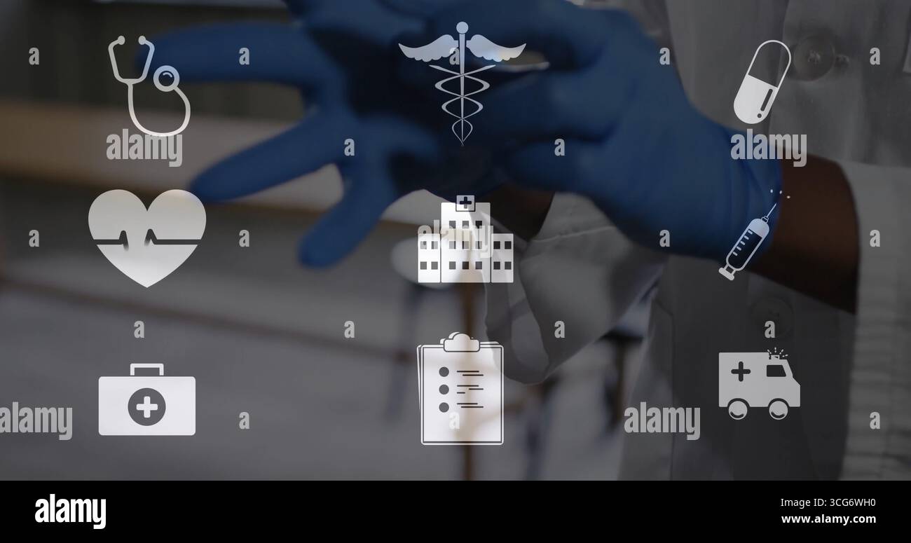 Toccare il medico con il camice da laboratorio e guanti blu toccando icone mediche nel corridoio della clinica, spazio copia Foto Stock