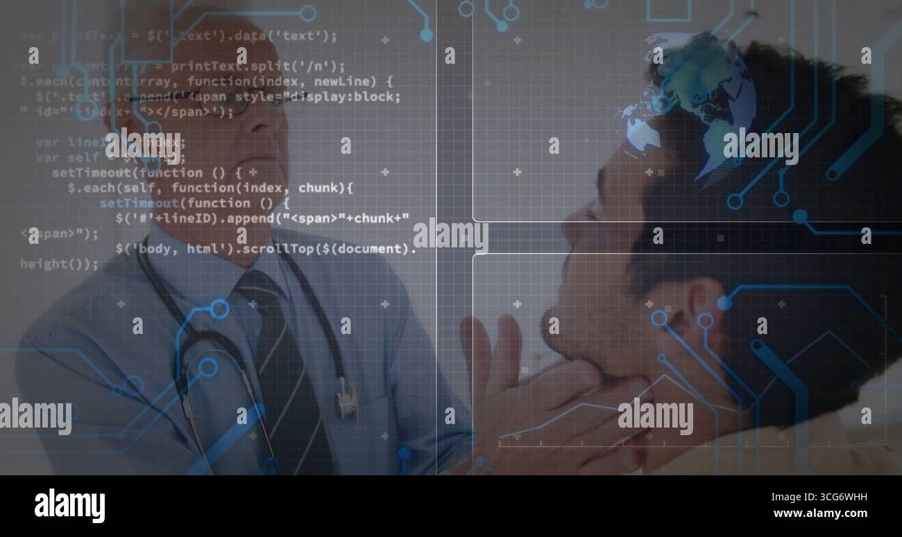 Esecuzione di esami del collo in camice da laboratorio bianco che palpano la gola del paziente in clinica, con rivestimento dello stetoscopio Foto Stock