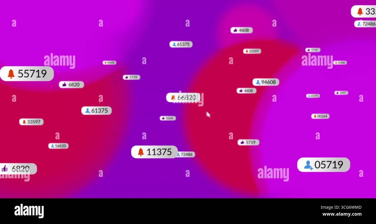 La visualizzazione di bolle di dati su sfondo rosso viola sfumato con il pollice della campana consente di ingrandire le icone della silhouette utente Foto Stock
