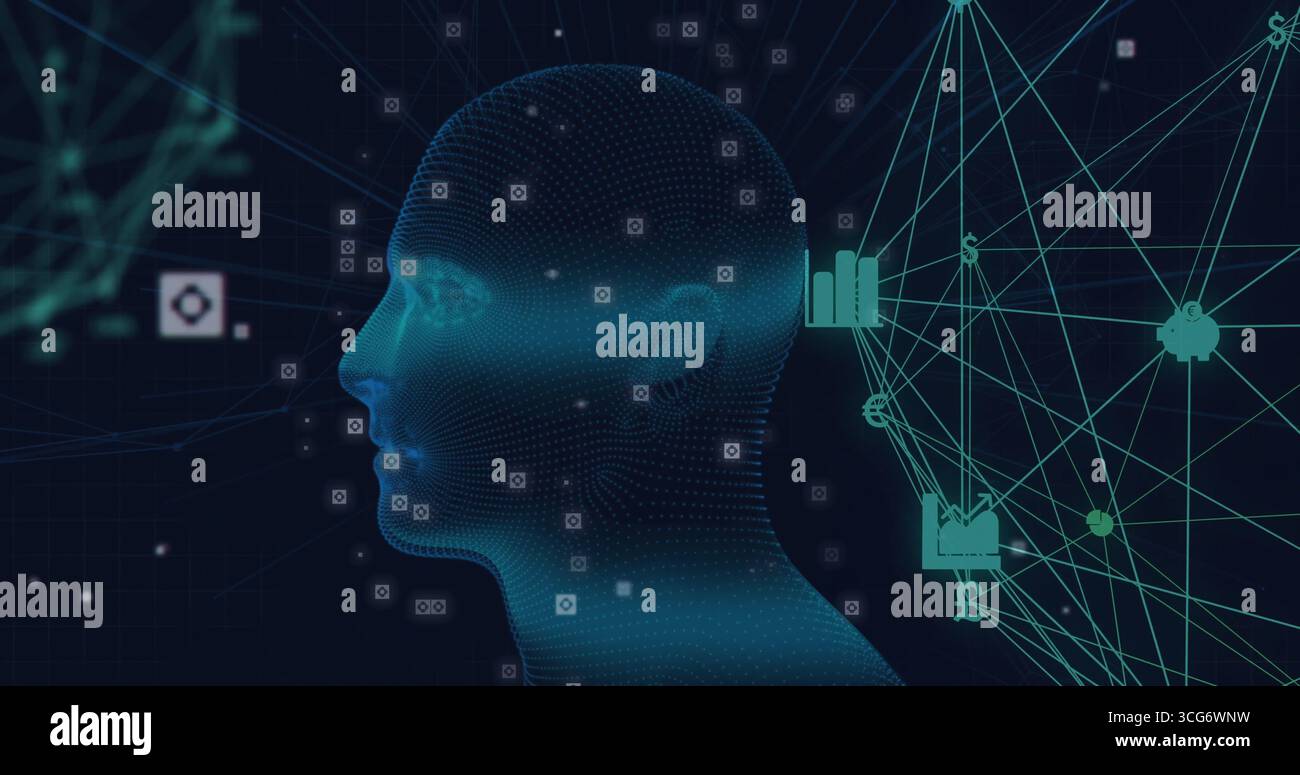 Silhouette della testa in mesh illuminata da nodi e linee di rete nella griglia con icone finanziarie, spazio di copia Foto Stock