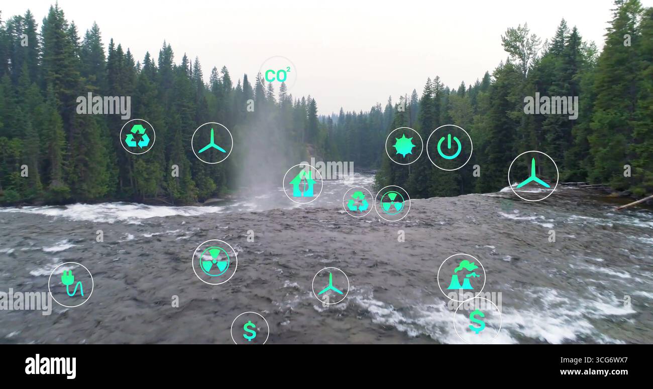 Rapide fluenti che attraversano il canyon della foresta di pini sotto il cielo nuvoloso con icone ambientali Foto Stock