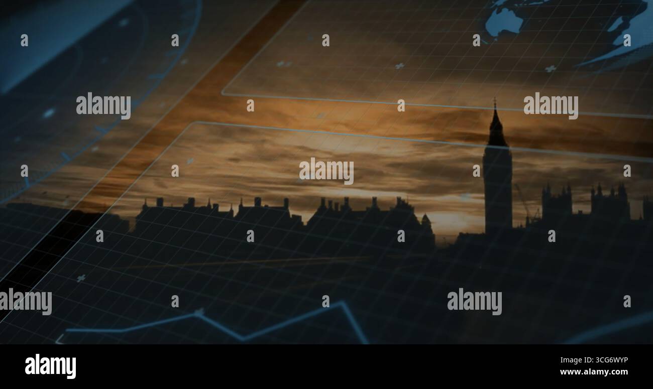 Sovrapposizione di una griglia dati digitale sopra lo skyline della città sul lungofiume, con un grafico a linee blu e una mappa del mondo Foto Stock