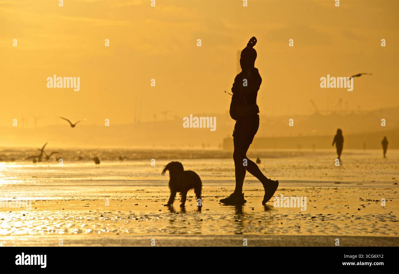 Silhouette di un uomo che cammina con il suo cane sulla spiaggia con la bassa marea. Brighton e Hove, Inghilterra, Regno Unito. Foto Stock