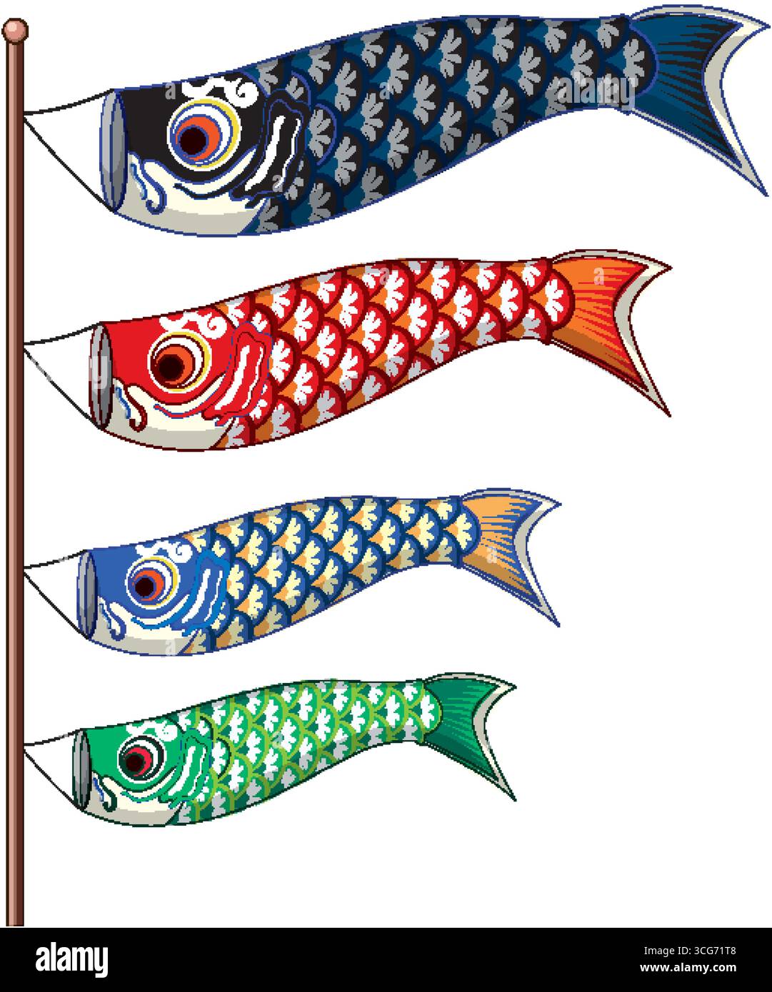 Variopinti rastrellieri per carpe koinobori disposti verticalmente, tradizionale simbolo giapponese per la celebrazione del Childrenâs Day Illustrazione Vettoriale