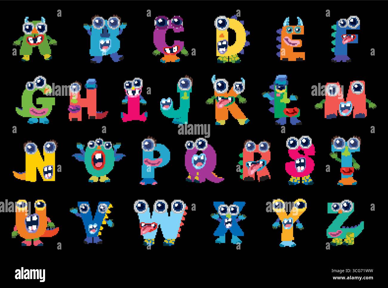 Vivace alfabeto a tema mostro con personaggi eccentrici, ideale per i progetti educativi e creativi dei bambini. Illustrazione Vettoriale