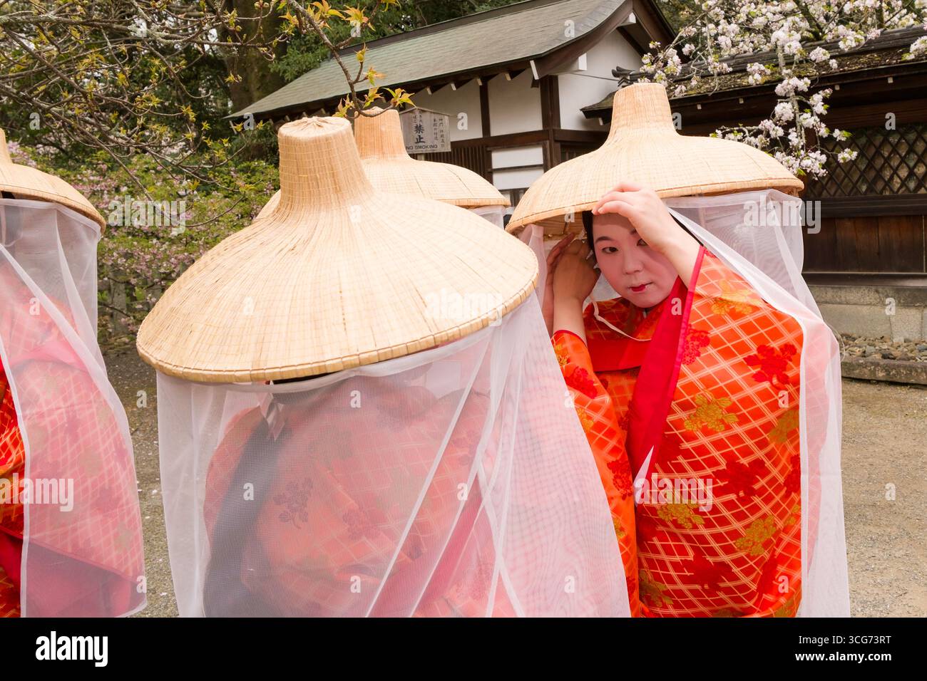 Gruppo di donne che indossano un abbigliamento storico con kimono arancione e cappelli di ichimegasa con veli facciali, festival della fioritura dei ciliegi Ōka-sai, Kyoto, Giappone Foto Stock