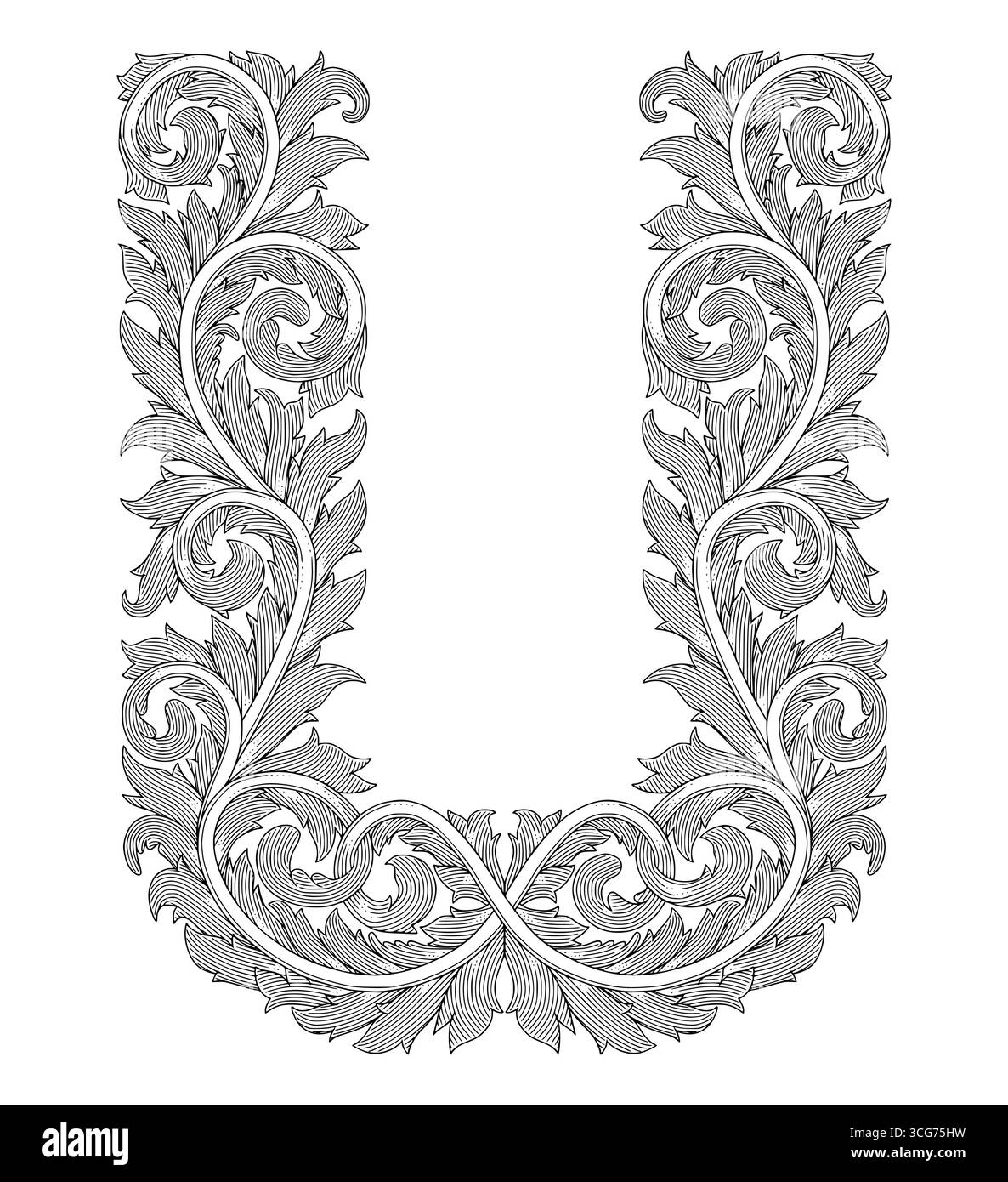 U alfabeto iniziale in forma di ornamento floreale, illustrazione in stile disegno con incisione Vintage Illustrazione Vettoriale