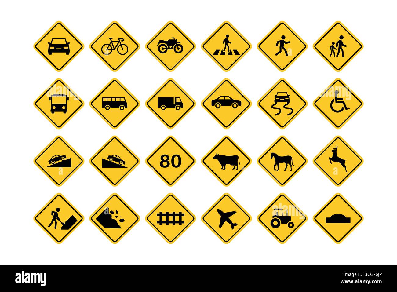 Vari segnali stradali con icone nere su sfondo giallo Illustrazione Vettoriale